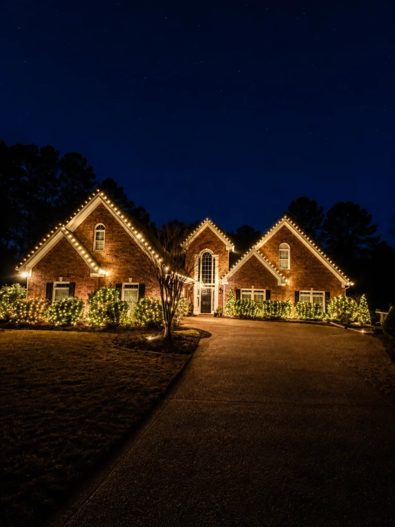 Warm white Christmas lights highlighting the roofline and architecture of a residential property in Cumming, Georgia.