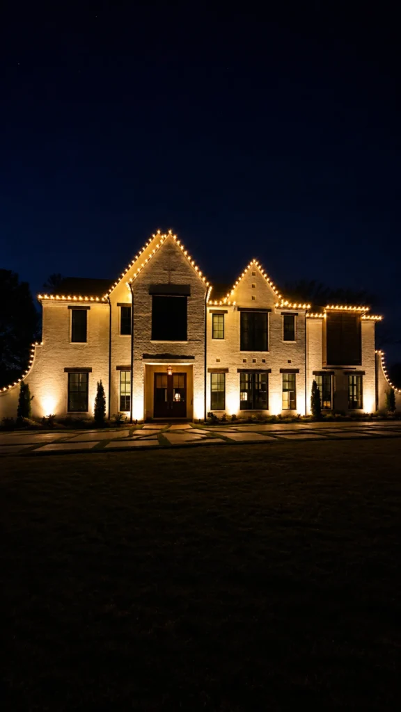 Vertical view of a large residence illuminated with elegant warm white holiday lights in Cumming, Georgia.
