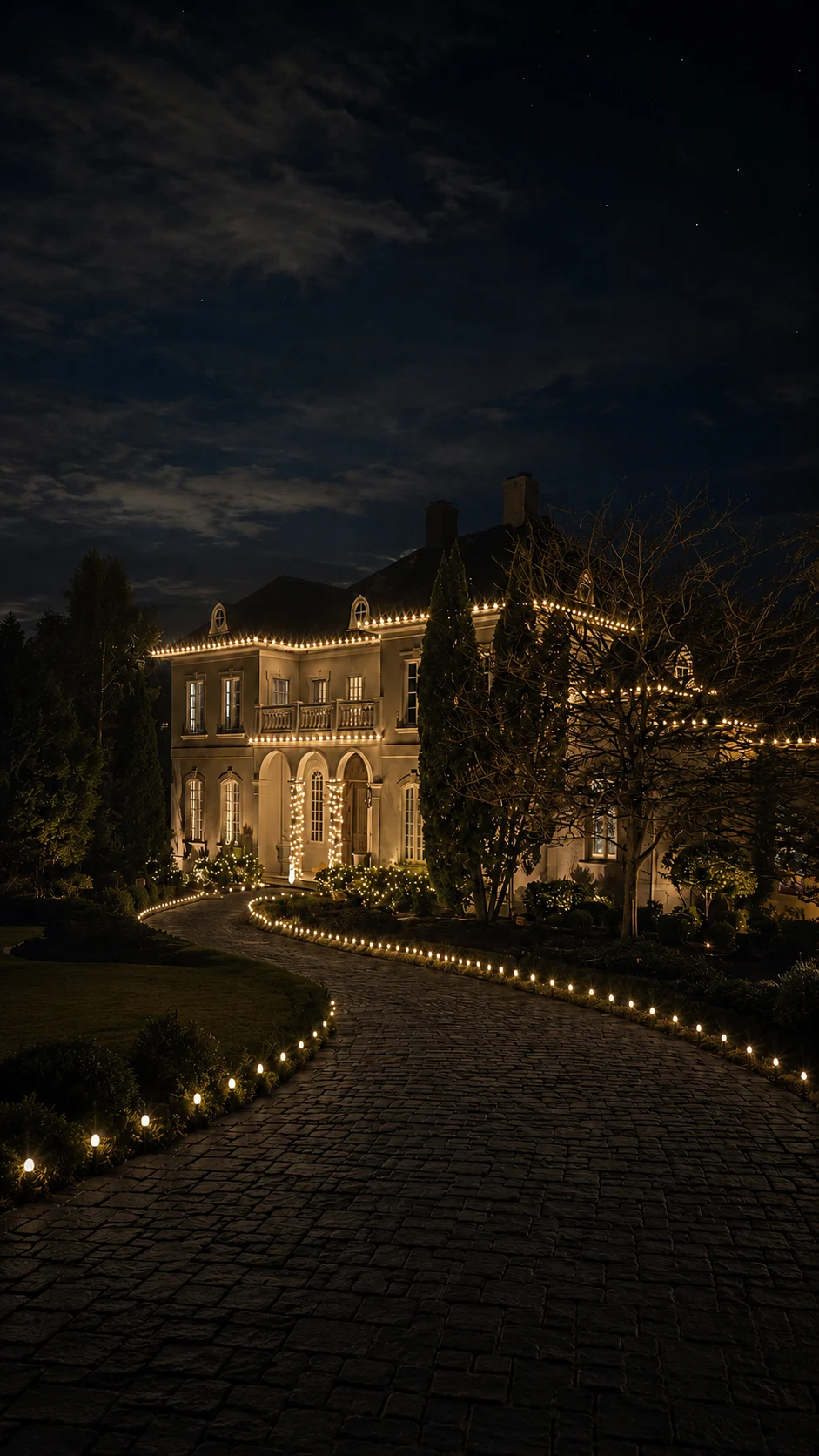 Warm white pathway and roofline Christmas lights creating an elegant approach to a residence in Cumming, Georgia.